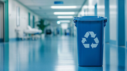 Reminder of the importance of waste management and sustainability in healthcare settings: a blue recycling bin in a hospital corridor
