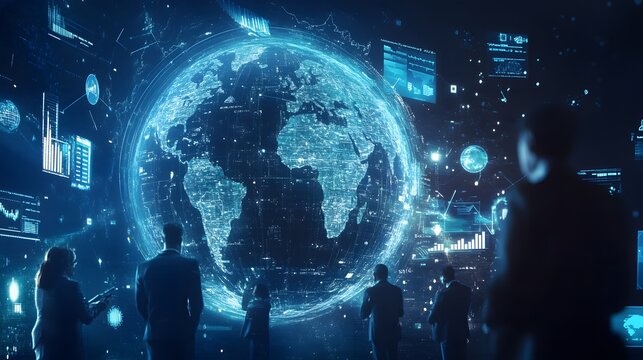 A digital globe with global business icons and figures, representing the international reach of corporate law services.