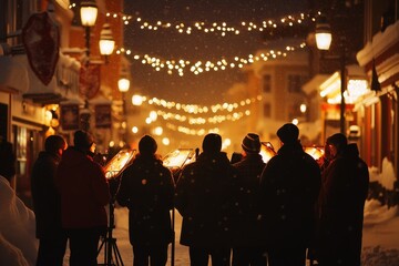 Carolers singing in a snowy street their voices blending with the crisp winter air.