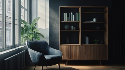 Grey barrel chair against of window and wooden shelving unit and cabinet on dark wall Scandinavian style interior design of modern living room
