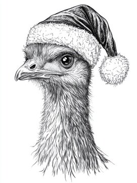 recommend clip art: Black and white Vintage engraved art of Rhea with a Christmas Santa hat, isolated on white background, ink sketch illustration, simple vector art design, highly detailed line art, high contrasty 