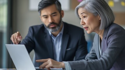 Obraz premium Senior businesswoman and colleague discussing work on a laptop in a modern office. Professional teamwork and mentorship.