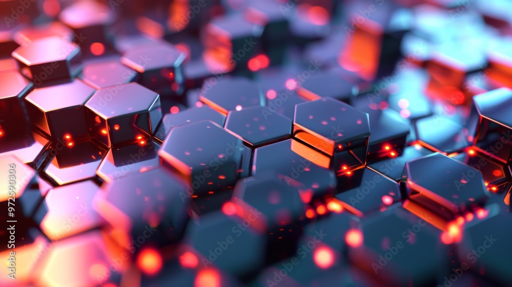 Poster An abstract tech wallpaper featuring an intricate arrangement of various 3D shapes such as hexagons, cylinders, and polyhedra