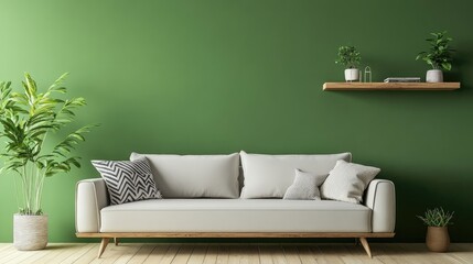 Grey sofa against green wall with floating shelf Scandinavian home interior design of modern living room