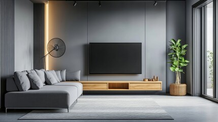 Grey sofa against tv unit Scandinavian home interior design of modern living room with fan lamp on ceiling
