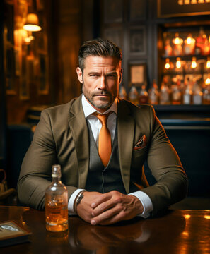 Portrait of a well-dressed man sitting confidently at a bar, wearing a suit and tie, with a whiskey bottle on the table, evoking sophistication and class