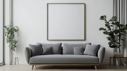 Fototapeta premium Grey sofa near white wall with blank mock up poster frame with copy space Mid-century style home interior design of modern living room