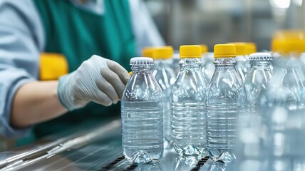 Close-up of a beverage production line inspector checking bottle seals, precise focus, factory lighting
