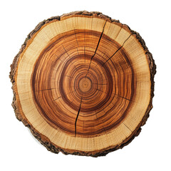 Fototapeta premium Top view of a tree stump slice isolated on transparent background. Crosscut of a beautiful wood grain. Closeup of wooden surface texture.