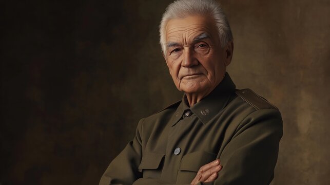 Proud Elderly Russian Veteran Soldier in Uniform with Arms Crossed, Historical Military Portrait, Available for Posters, Cards, and Historical References