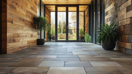 Naklejka premium Hallway with stone tiled floor and wooden lining paneling walls Rustic home interior design of modern entrance hall with glass door