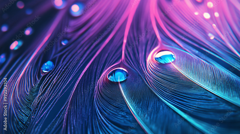 Poster Stunning neon peacock feathers adorned with delicate droplets, creating an elegant exotic pattern showcasing nature's vibrant essence