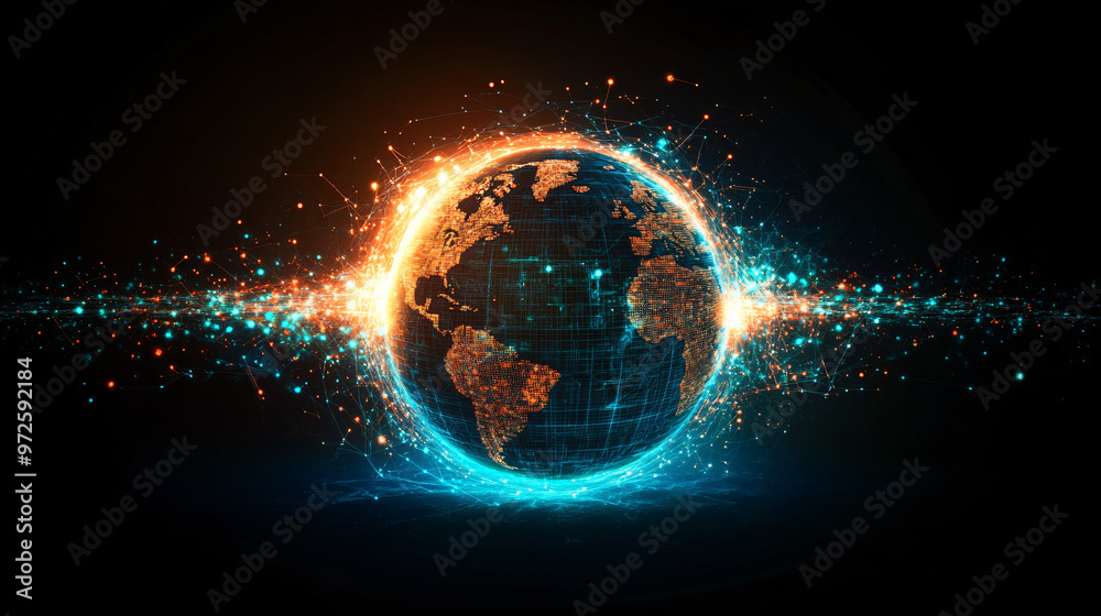 Poster Abstract planet earth glowing with data and transforming, representing global networks and digital communication