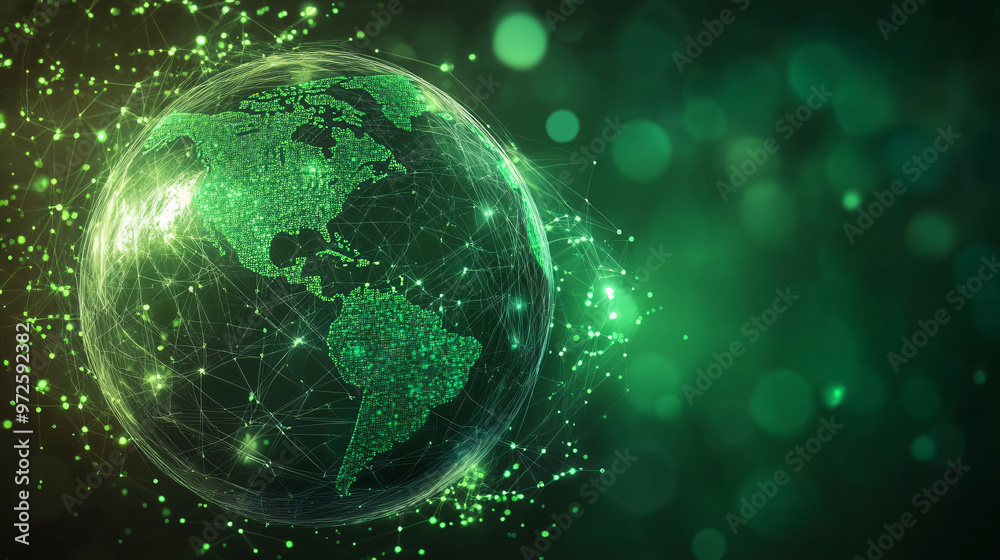 Poster the earth spinning in space with green hues and interconnected networks, symbolizing global communic