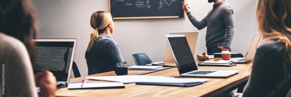 Poster business presentation with laptops and a chalkboard in a meeting room. collaborative discussion and 