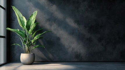 Interior background of room with black stucco wall and pot with plant