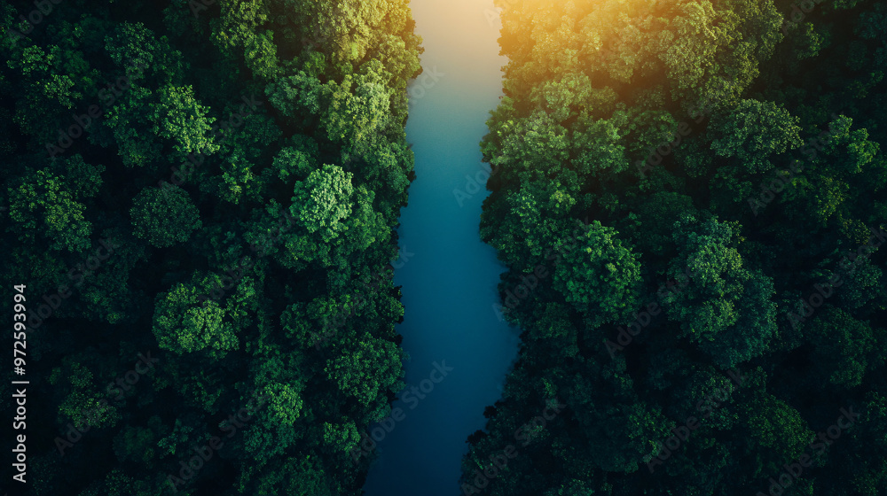 Poster aerial view of a narrow river flowing through a lush green forest with the sun shining through the t