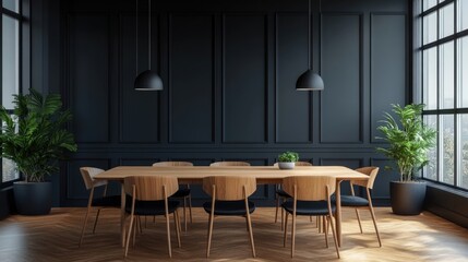 Fototapeta premium Interior of modern dining room, dining table and wooden chairs against black panelling wall Home design