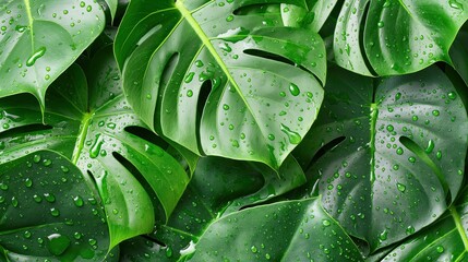Fototapeta premium Bright Monstera Leaves with Water Droplets