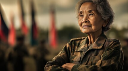 Fototapeta premium Elderly Filipino Woman in Military Uniform Standing Proudly Outdoors, Honoring Veterans