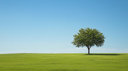 Obraz premium Lone Tree in Vast Field: Ample Space for Text on Plain Background