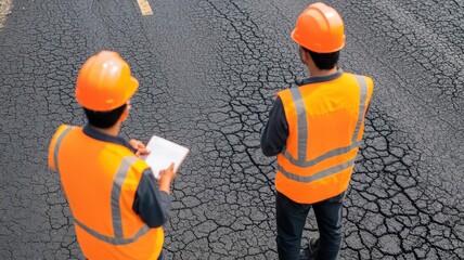Two Inspectors checking road quality stand with your back turned, surveying newly paved roads for cracks or issues, Infrastructure inspection, road safety