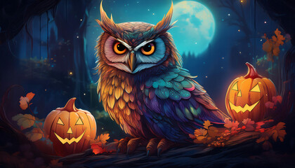 Obraz premium Owl sitting silently, adding a mysterious touch to a nighttime Halloween setting._1(629)