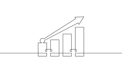 Continuous one line drawing of graph. Business growth icon. Single line art of increasing arrow. Illustration vector of bar chart. Sign symbol