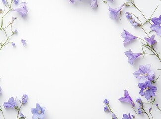 Elegant purple flower frame on crisp white background with delicate floral accents