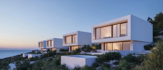 homes with stunning sea views, nestled on a hillside at sunset, showcasing exquisite architectural design and tranquility.