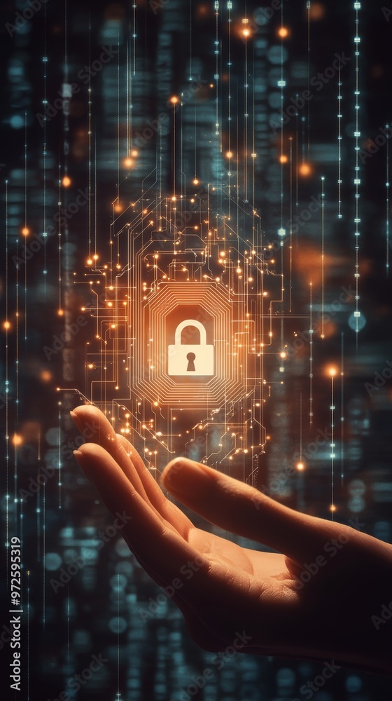 Poster Hand presenting a glowing holographic lock, symbolizing data protection and cybersecurity. Secure access and encrypted data concept