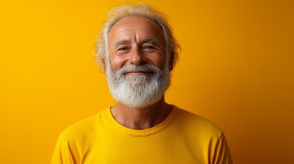 Obraz premium A cheerful elderly man with a white beard smiles warmly in a bright yellow shirt against a solid yellow background, Perfect for advertisements and campaigns promoting positivity, aging, and happiness