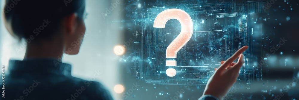 Poster Hand reaching out to a holographic question mark surrounded by digital particles in a dark setting. Represents digital inquiry and technology.