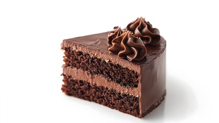 A piece of delicious chocolate cake on a white background. AI generation