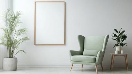 Light green wingback chair against white wall with big art poster frame Mid-century home interior design of modern living room