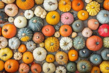  Ripe, colorful pumpkins after the pumpkin harvest in autumn. Squash background in fall.