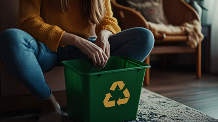 Woman sitting on the floor and throwing away paper for recycling in green bin at home