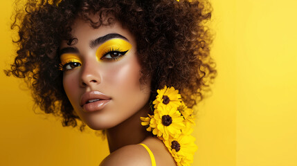 Bold Fashion Portrait with Yellow Floral Accents