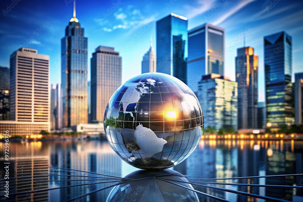 Wall mural Global financial hub logo emblazoned on gleaming metallic sphere amidst futuristic cityscape, symbolizing dynamic