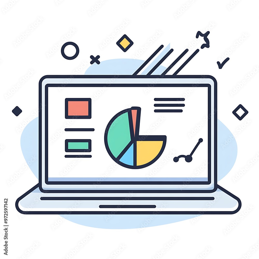 Aufkleber Laptop with Pie Chart and Line Graph Displaying Data Analysis