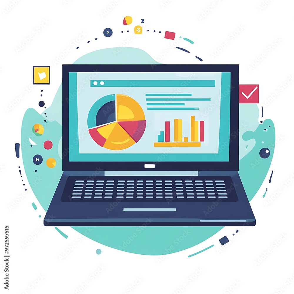 Poster Laptop Displaying Pie Chart and Bar Graph Data Analysis