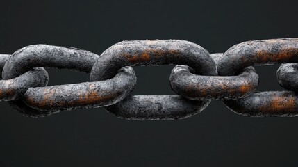 Fototapeta premium A weathered chain link with rust and a blackened appearance, representing age, endurance, and decay.