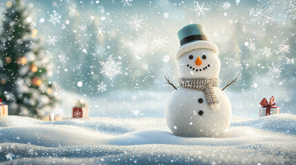 Fototapeta premium A cheerful snowman standing in a snowy winter scene with festive decorations and a holiday vibe