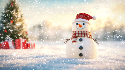 Fototapeta premium A cheerful snowman standing in a snowy winter scene with festive decorations and a holiday vibe
