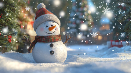 A cheerful snowman standing in a snowy winter scene with festive decorations and a holiday vibe