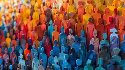 An artistic representation of a multicolored crowd progressing in a gradient from warm to cool, achieved through the detailed texturing and layering of paper cutouts.