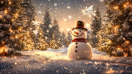 Fototapeta premium A cheerful snowman standing in a snowy winter scene with festive decorations and a holiday vibe
