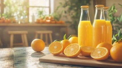 Obraz premium Refreshing Orange Juice with Sliced Oranges on Wooden Cutting Board