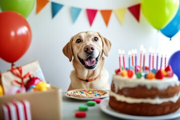 Joyful labrador celebrating birthday with cake and decorations