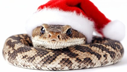 Fototapeta premium Festive Serpent. Close-Up of a Snake Wearing a Santa Hat, Isolated on White Background.